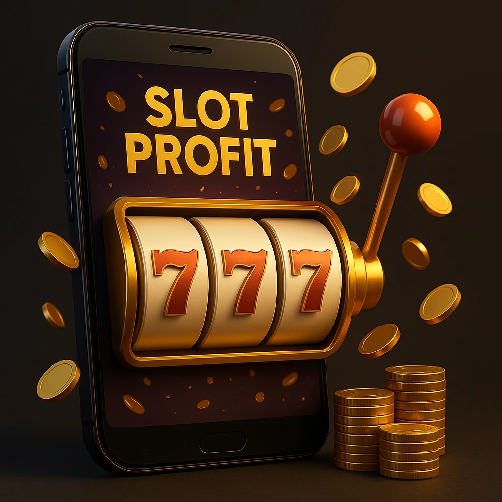 Ilustrasi 3D slot Android dengan mesin angka 777, bertuliskan “Slot Profit” di layar smartphone, dikelilingi koin emas sebagai simbol cuan harian.