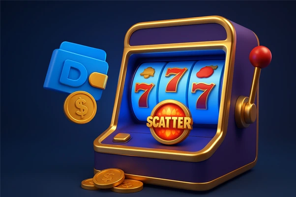 Ilustrasi 3D slot online modern dengan tampilan dompet digital, simbol scatter, dan ikon pembayaran e-wallet seperti DANA, OVO, dan GoPay.