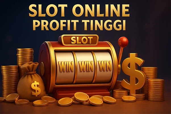 Ilustrasi 3D Slot Online Profit Tinggi menampilkan mesin slot emas, simbol jackpot, koin berkilau, dan nuansa kasino digital mewah yang realistis.